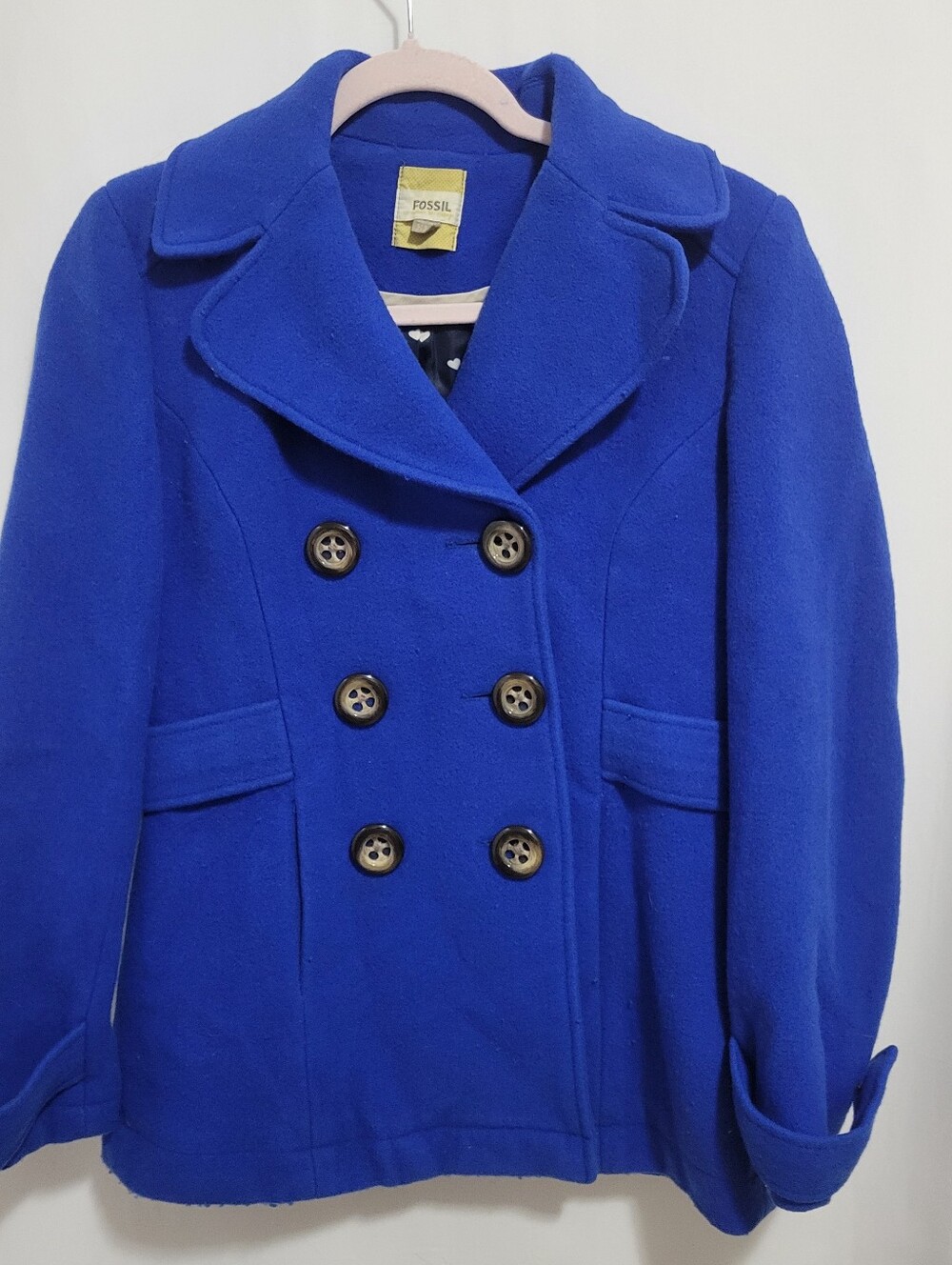 Fossil Women's Cobalt Blue Wool Blend Double-Breasted Peacoat, Size S